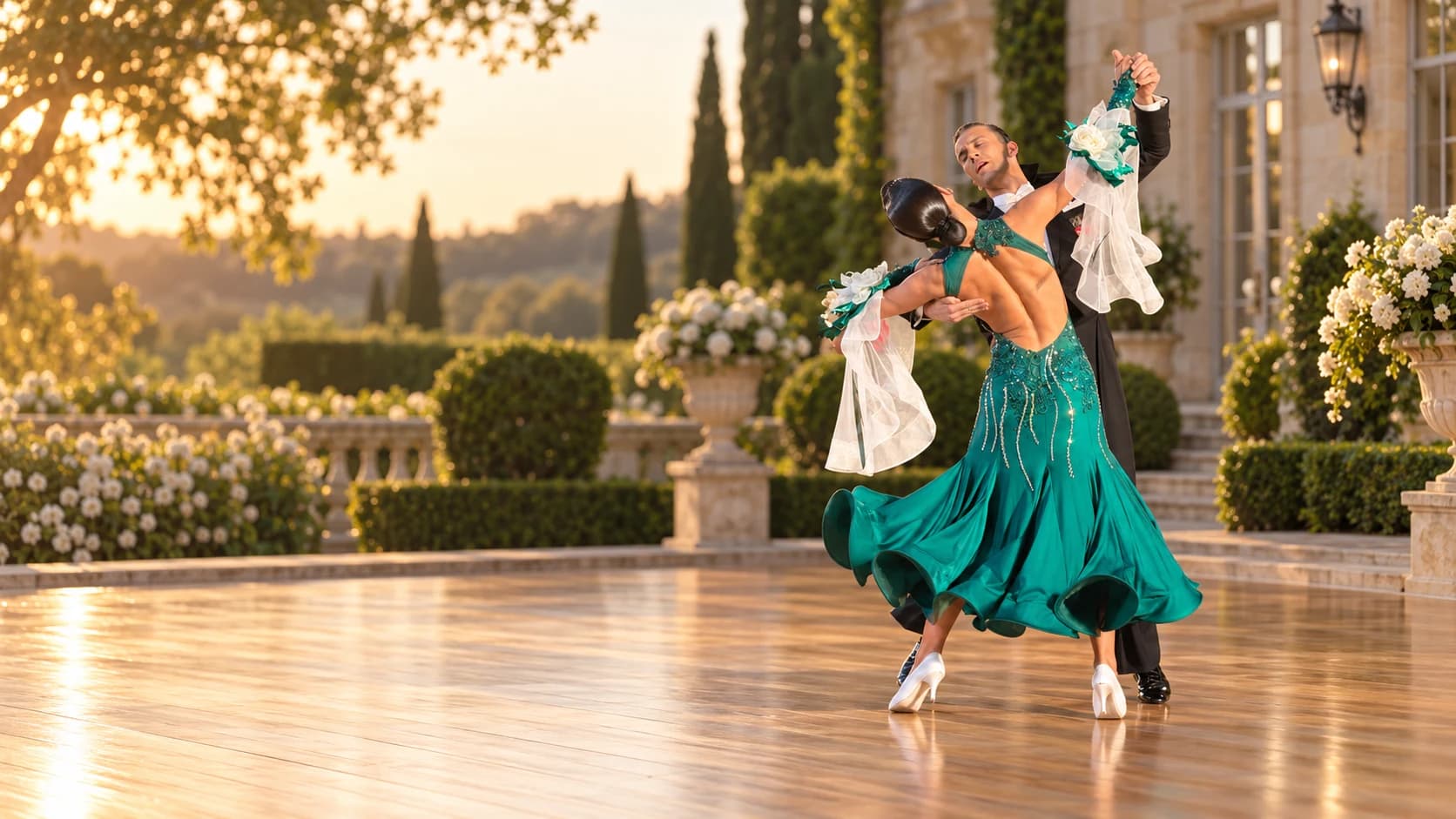 Dance couple on hotel terrace at sunset